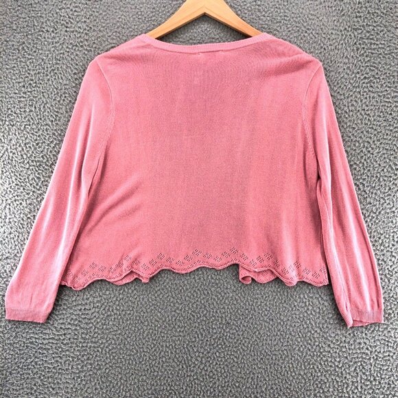 LOFT Sweater Womens Medium Pink Knit Cardigan Long Sleeve Lace Scalloped Stretch - Picture 3 of 9